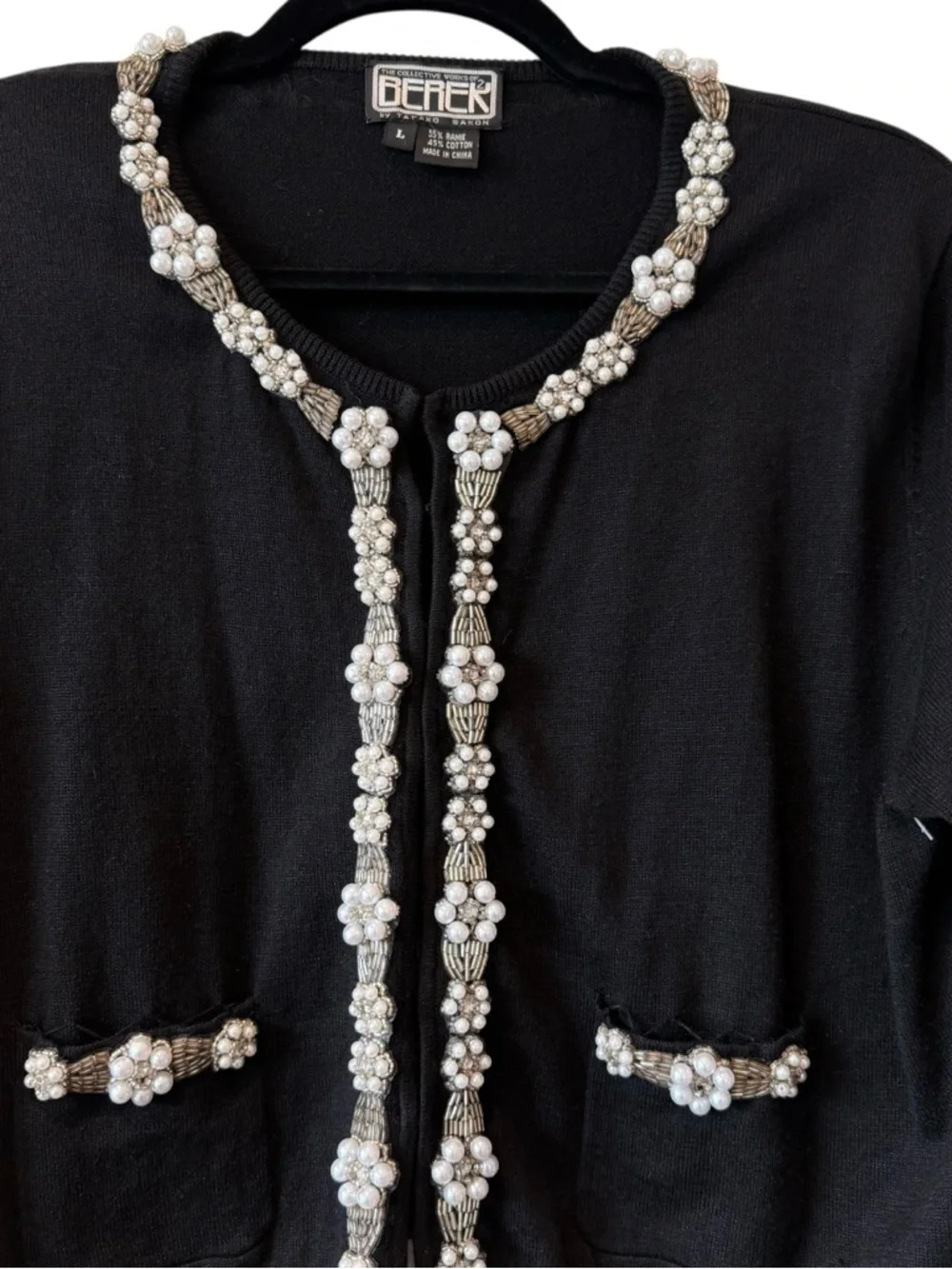 Vintage Berek Takako Sakon Cropped Black Cardigan with Pearls And Sequins Trim - Picture 3 of 16